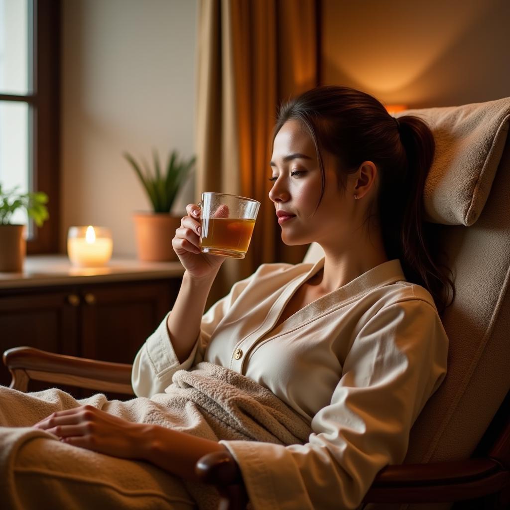 Woman relaxing in a spa lounge after a treatment