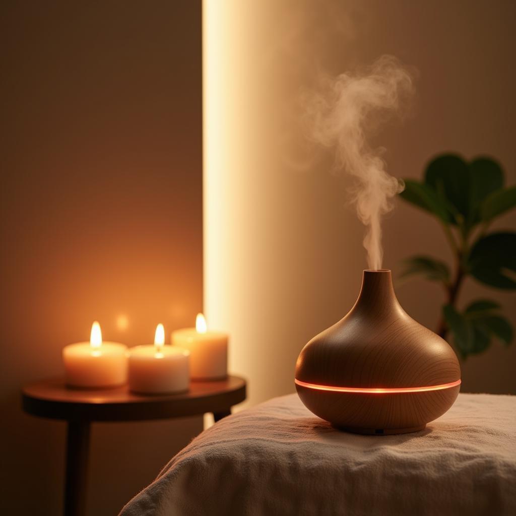 A serene spa environment with candles and aromatherapy diffusers