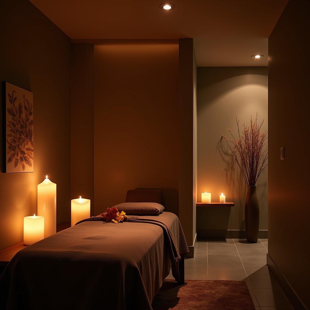 Tranquil spa room with dim lighting and candles