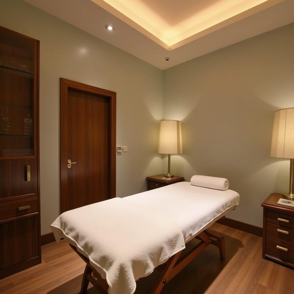 Serene massage room at Rive Spa Lucknow with soft lighting and comfortable massage table.