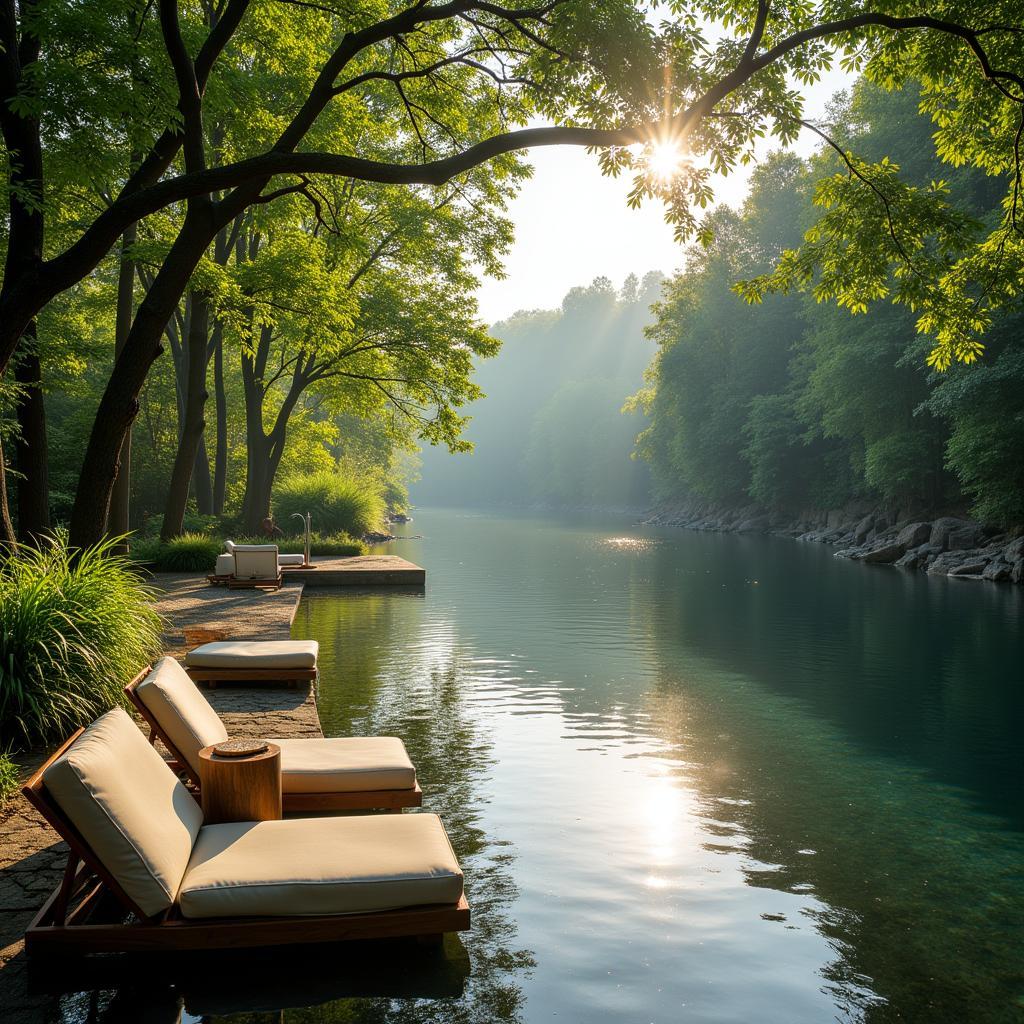 Tranquil riverside spa setting with lush greenery and flowing water