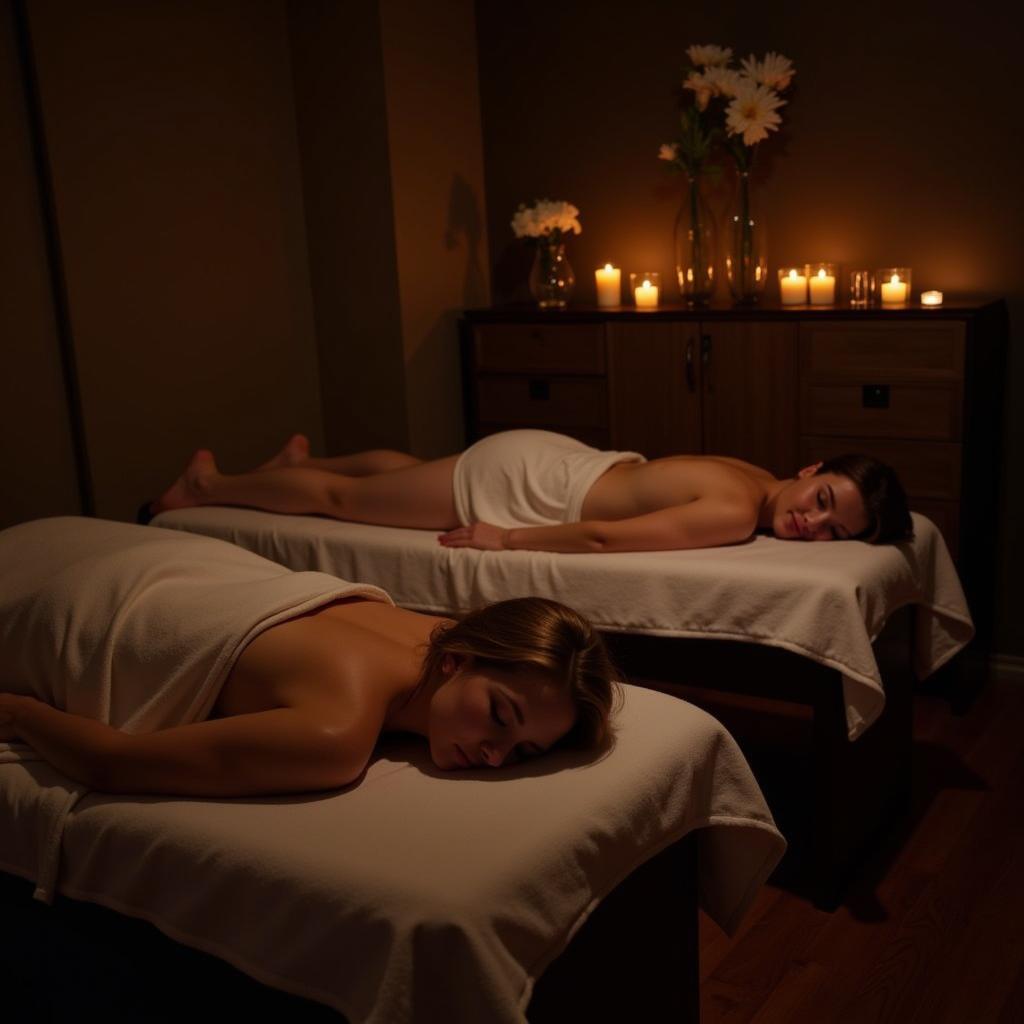 Couple enjoying a couples massage during a romantic spa getaway.