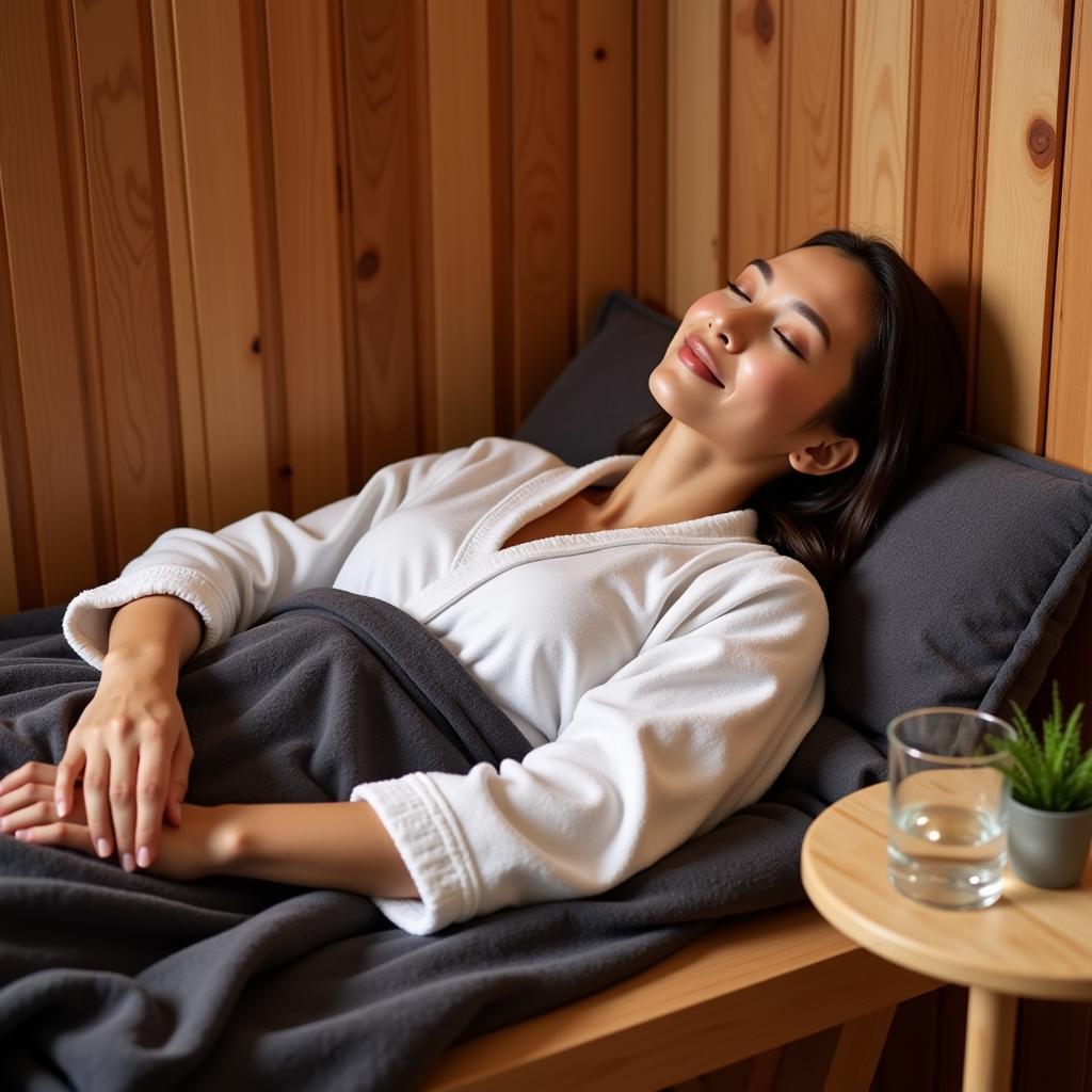 Woman relaxing in a sauna blanket spa