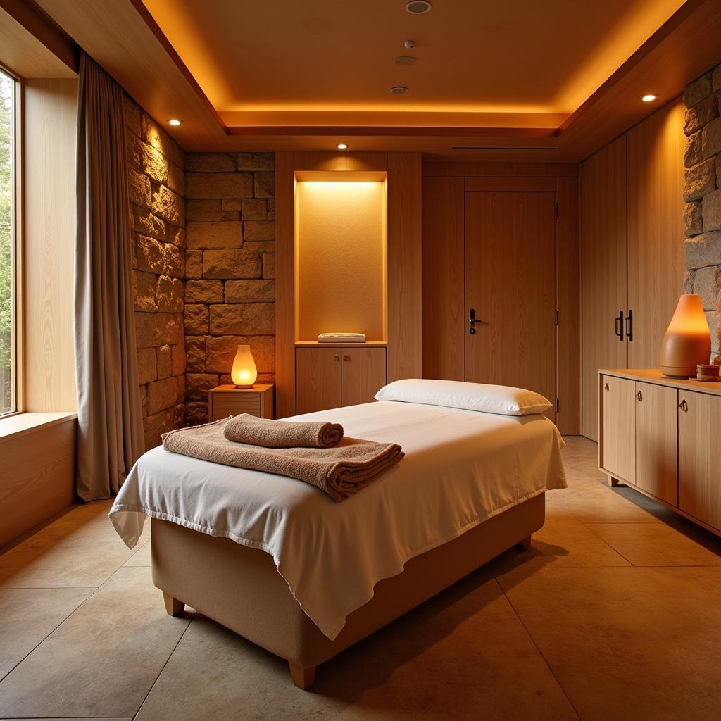 A tranquil and relaxing spa environment with soft lighting and natural elements.