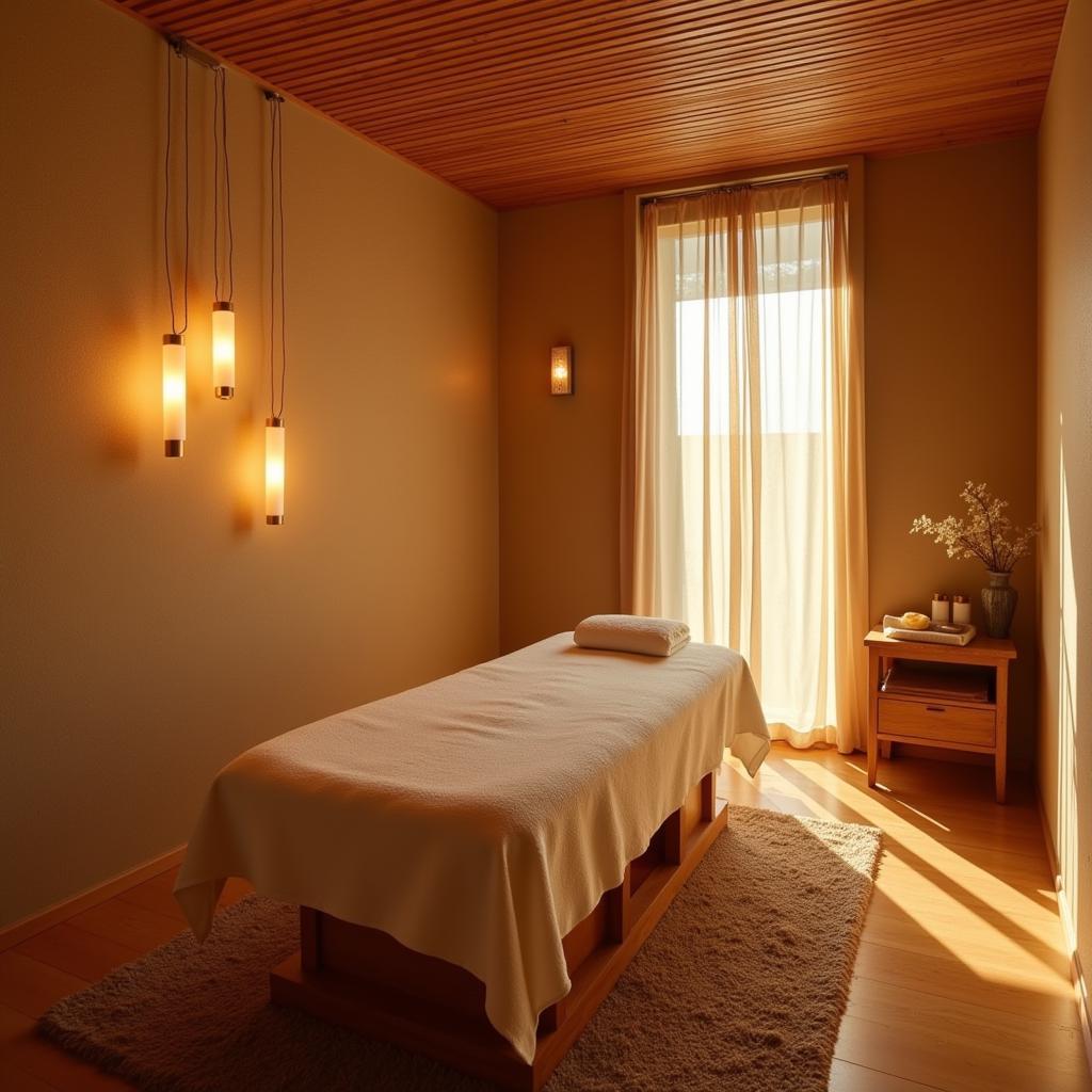 Soft ambient lighting creates a relaxing atmosphere in a spa treatment room