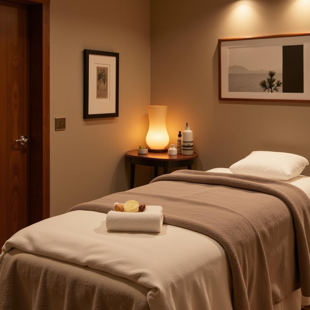 Serene treatment room at The Spa at Intercourse Village with soft lighting and natural elements.