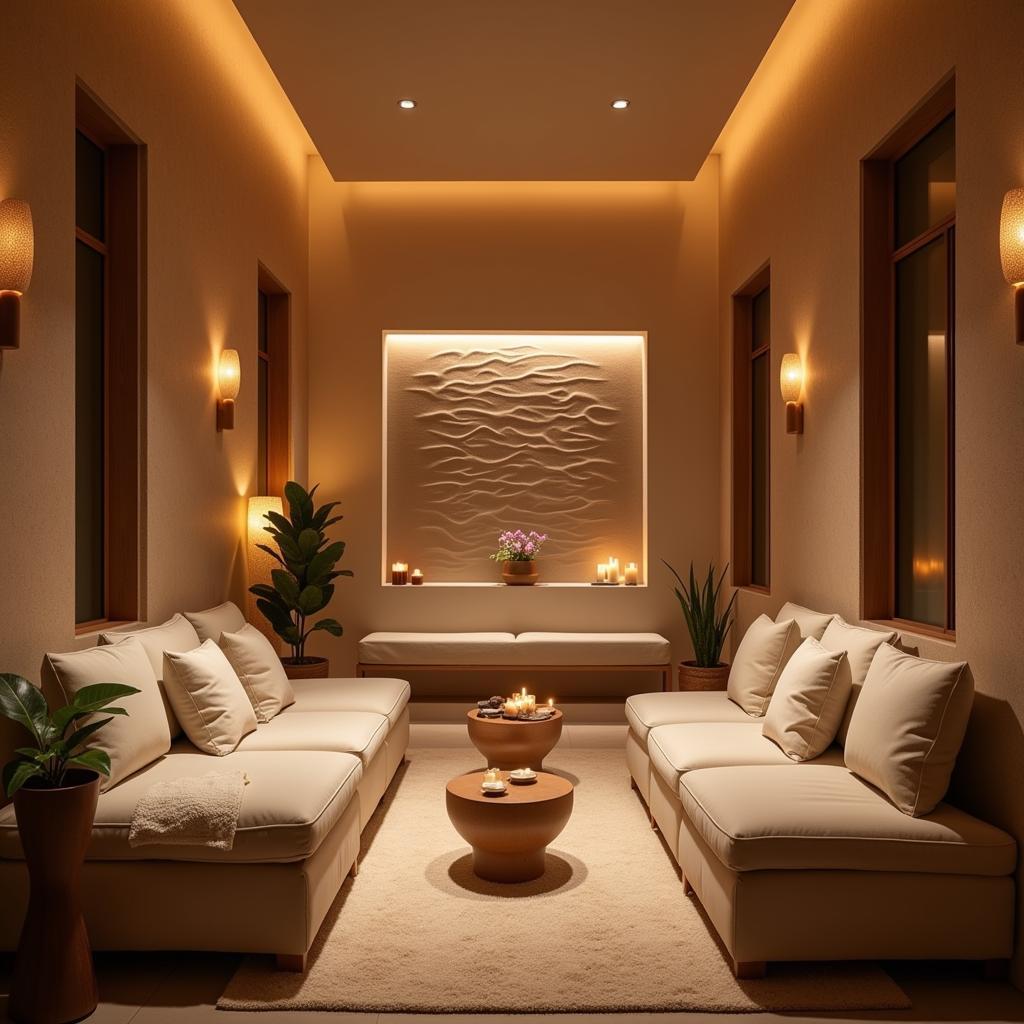 Relaxation area at a spa with comfortable seating and calming ambiance.