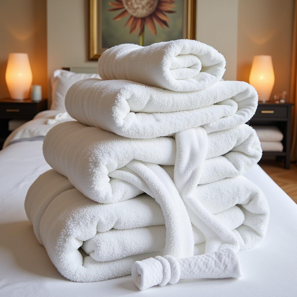 Freshly laundered towels and robes in a spa setting