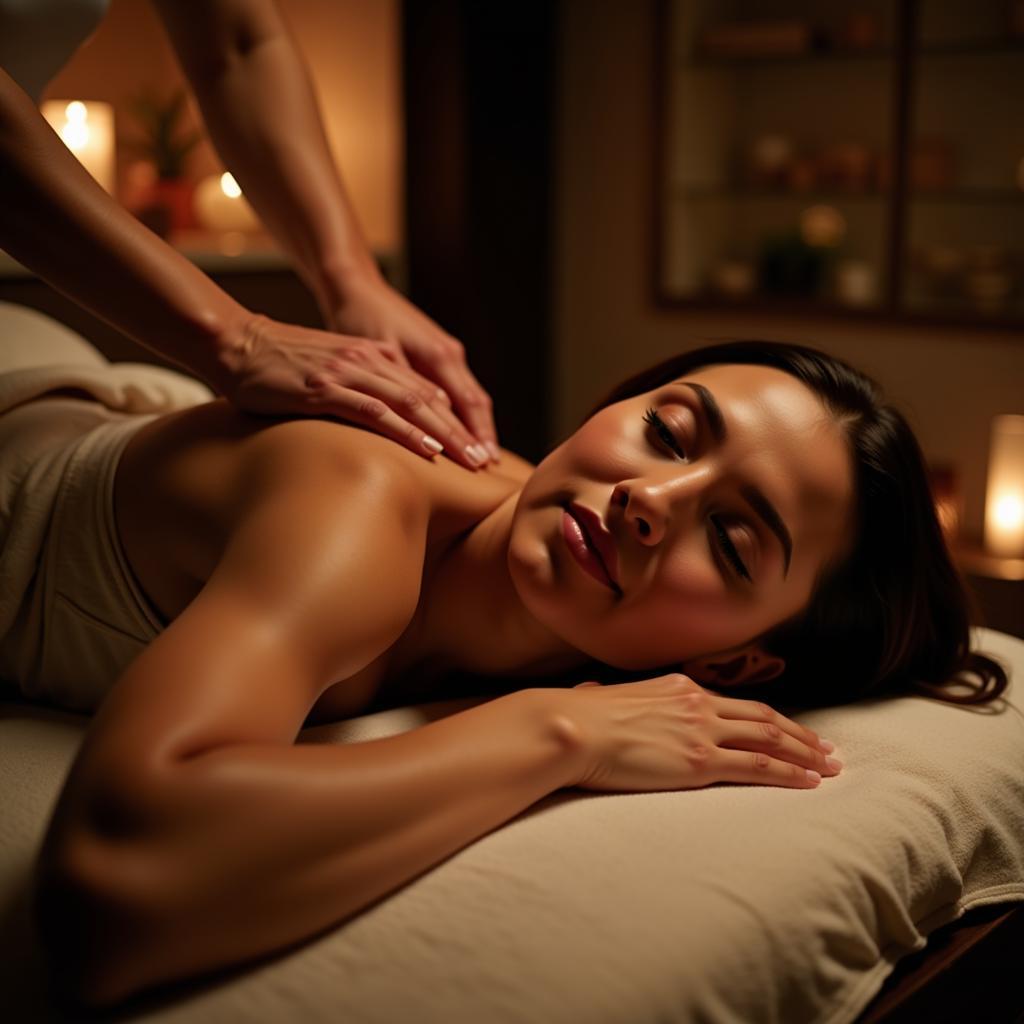 Woman relaxing during a massage therapy session in a spa setting