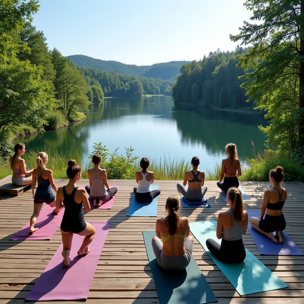 Guests practicing yoga outdoors at a spa resort