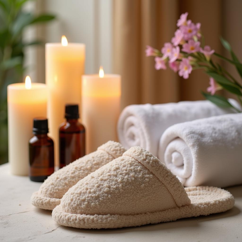 A spa setup with candles, essential oils, towels and a pair of spa slippers in the foreground.