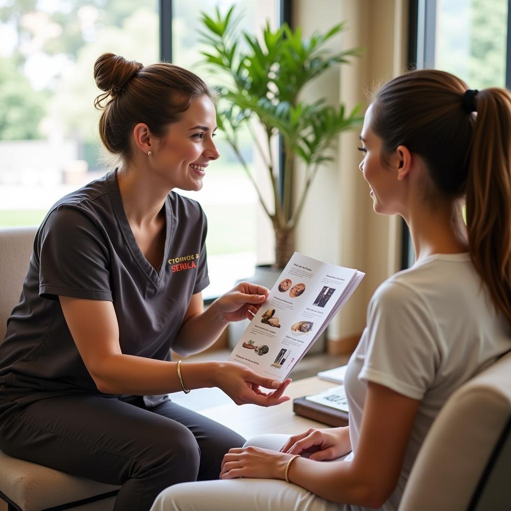 Spa therapist consulting with a client about treatment options