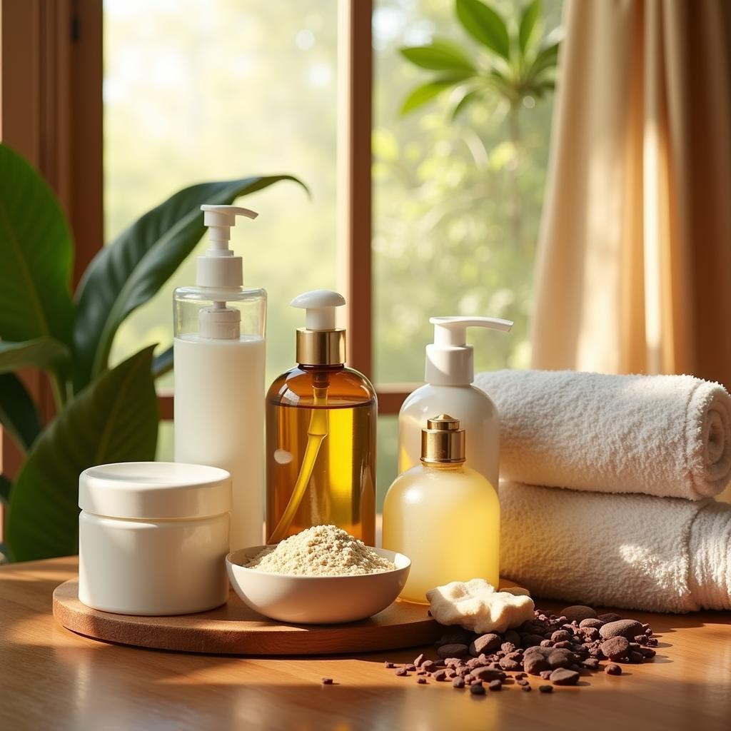 An array of spa treatment products on a table.