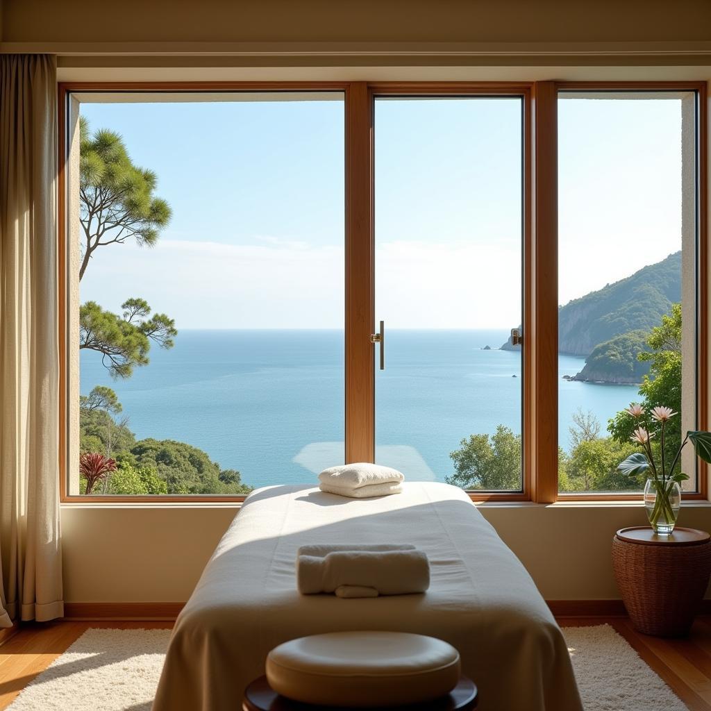 Relaxing spa treatment room with panoramic ocean views.