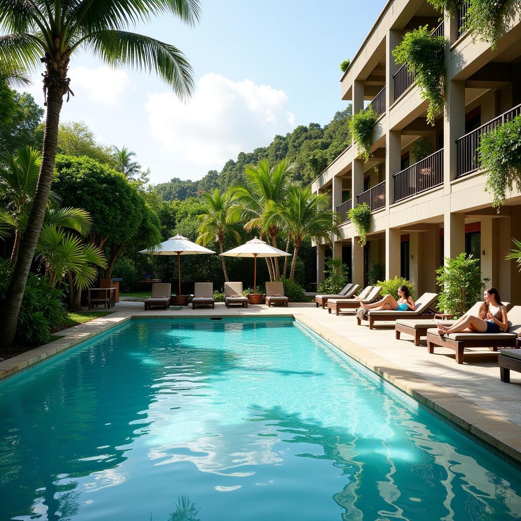 Luxurious Spa Well Hotel Getaway with Tranquil Pool and Lush Greenery