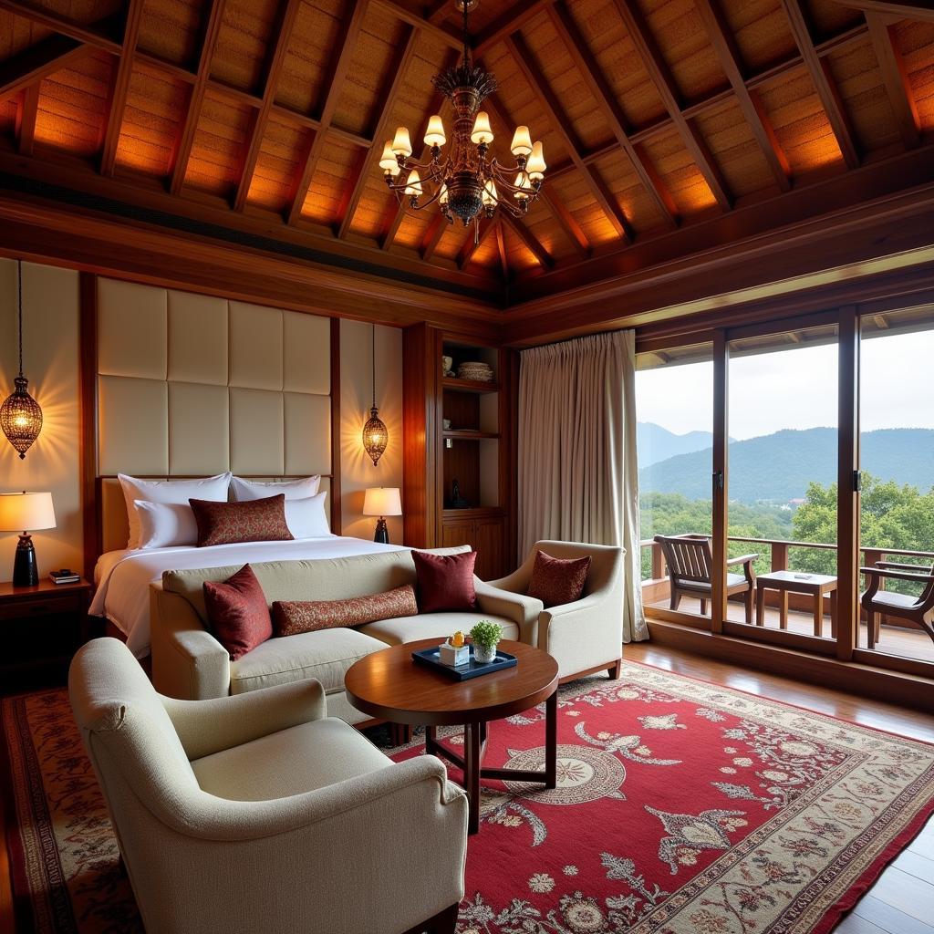 A spacious and luxurious suite at Terma Linca Resort and Spa with traditional Bhutanese decor and modern amenities.