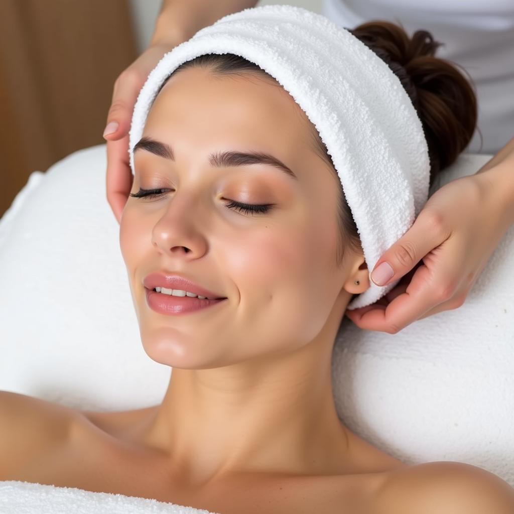 Woman wearing a terry cloth spa headband during a facial