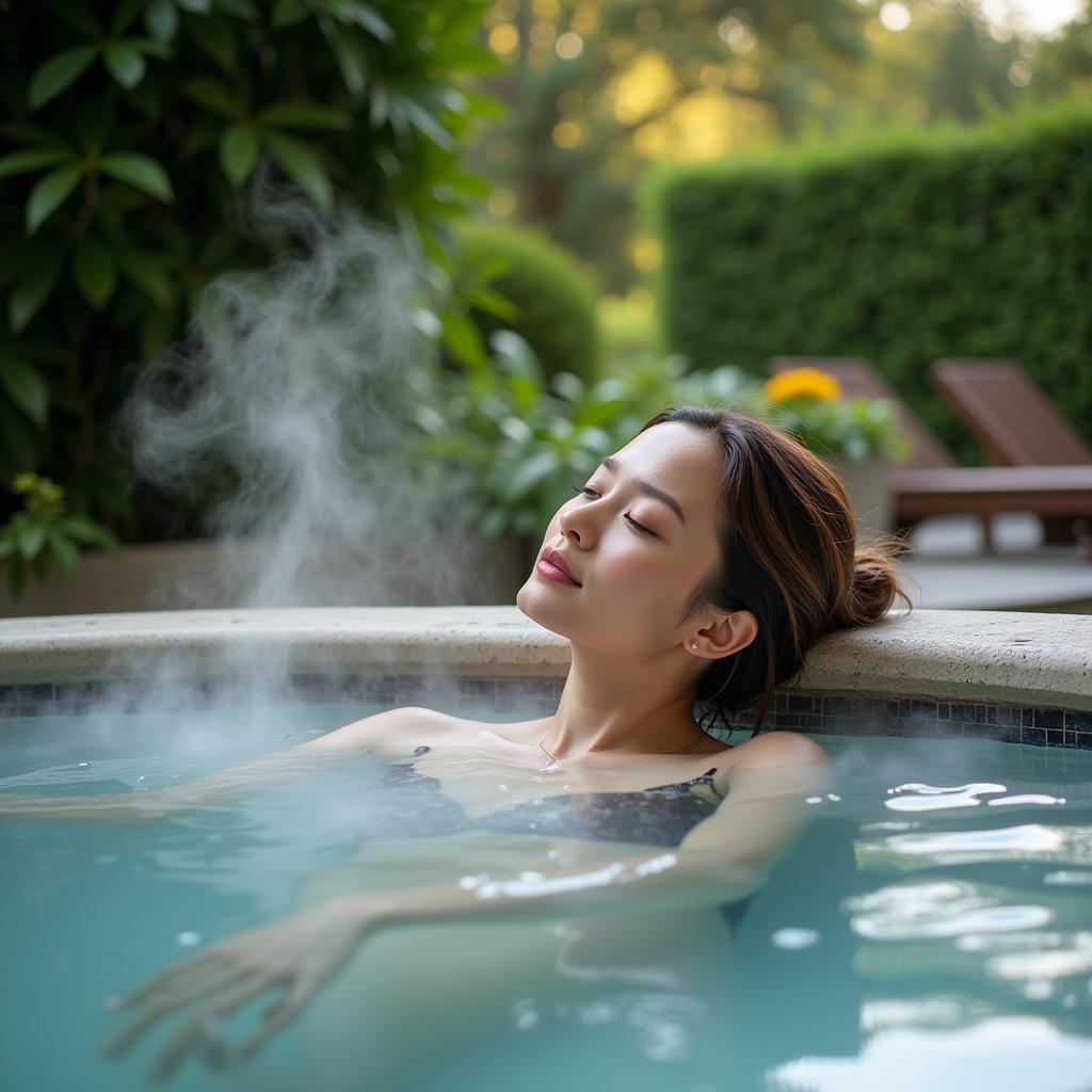 Woman relaxing in a thermal spa pool enjoying the therapeutic benefits