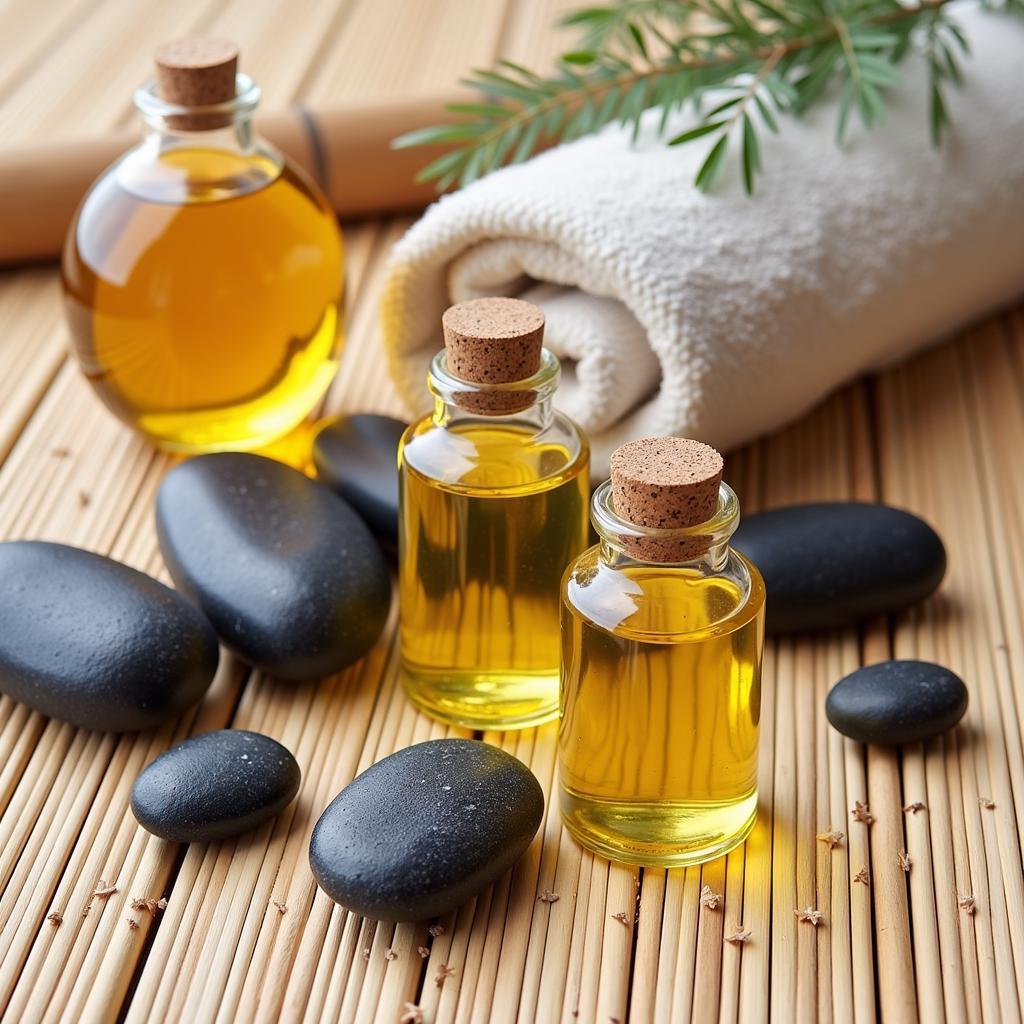 Various Massage Oils and Hot Stones for Spa Treatments