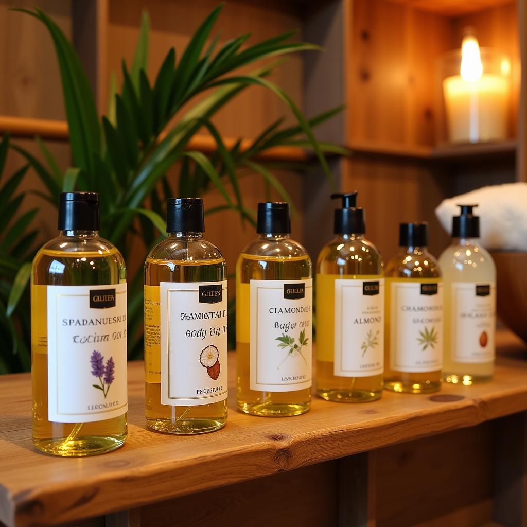 Various spa body massage oils in bottles