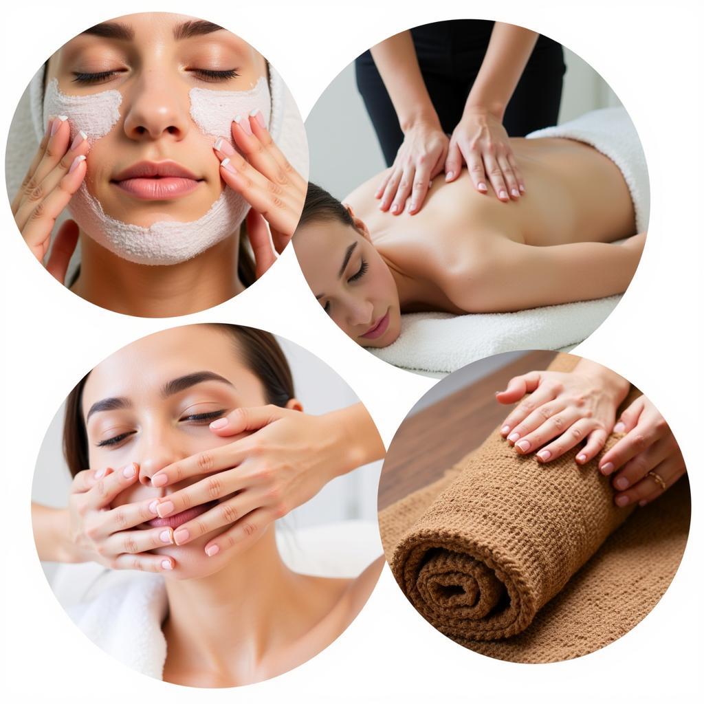 Different types of spa treatments including massage, facial, and body wrap