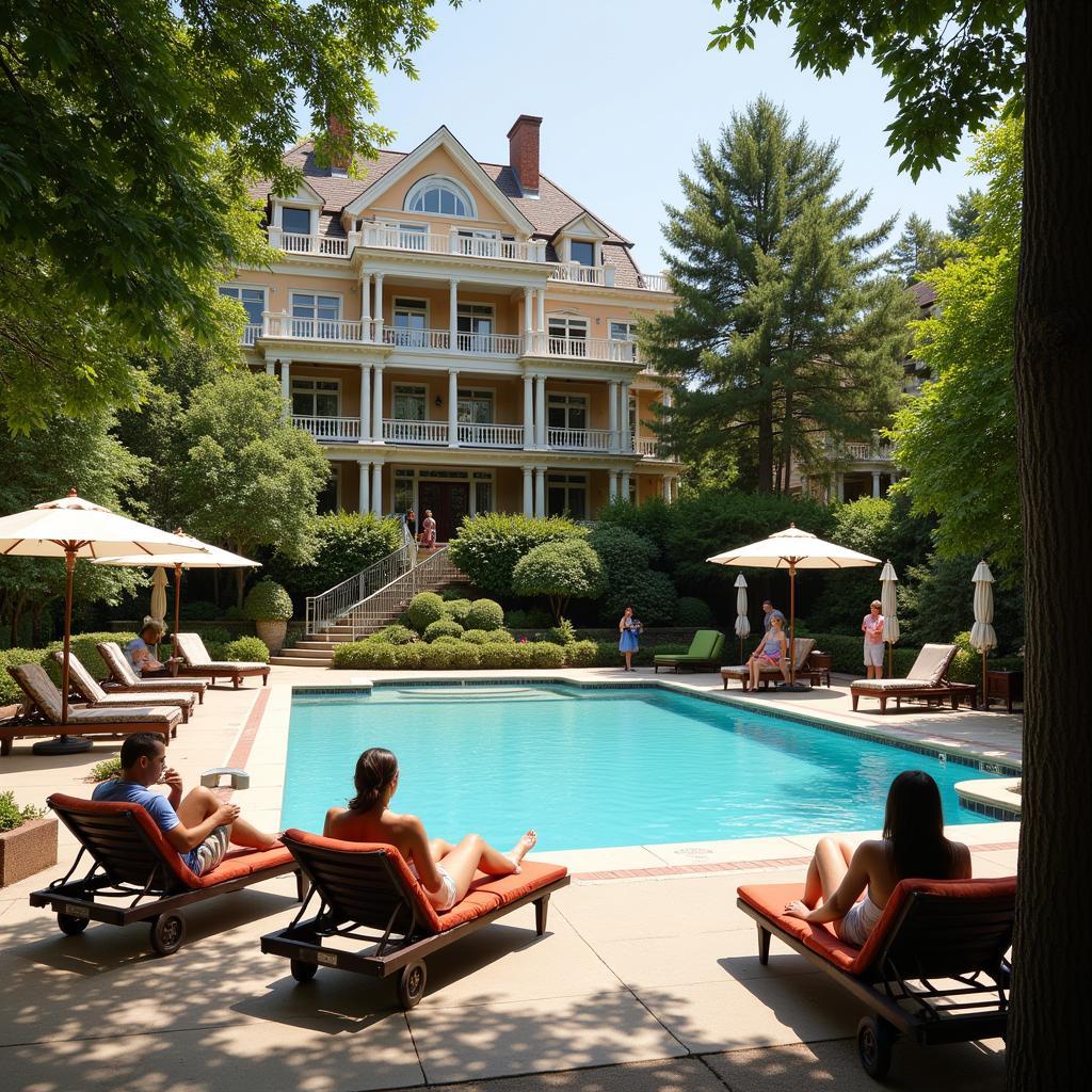 Guests relaxing by the pool at a vintage hotel spa.