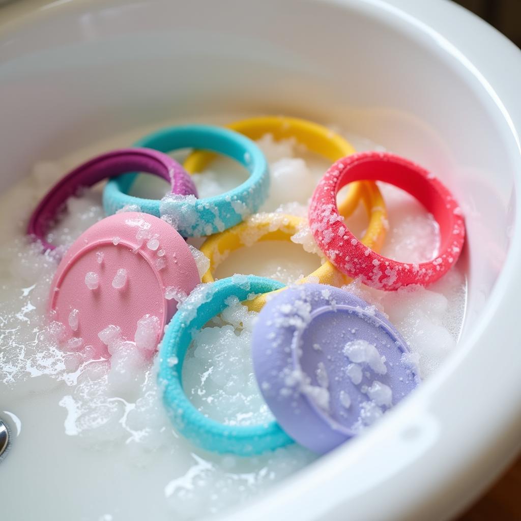 Several spa headbands soaking in a basin of soapy water