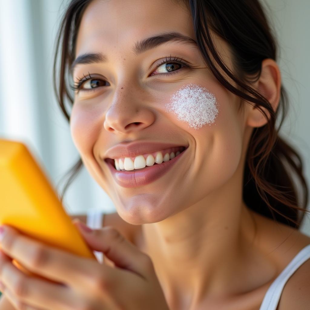 A woman applying sunscreen to her face.