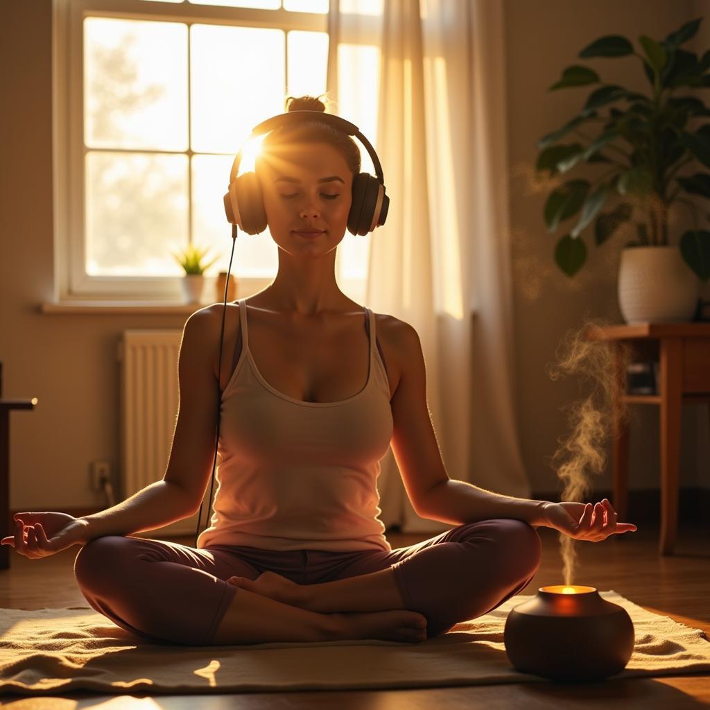 Woman Listening to Spa Music During Meditation