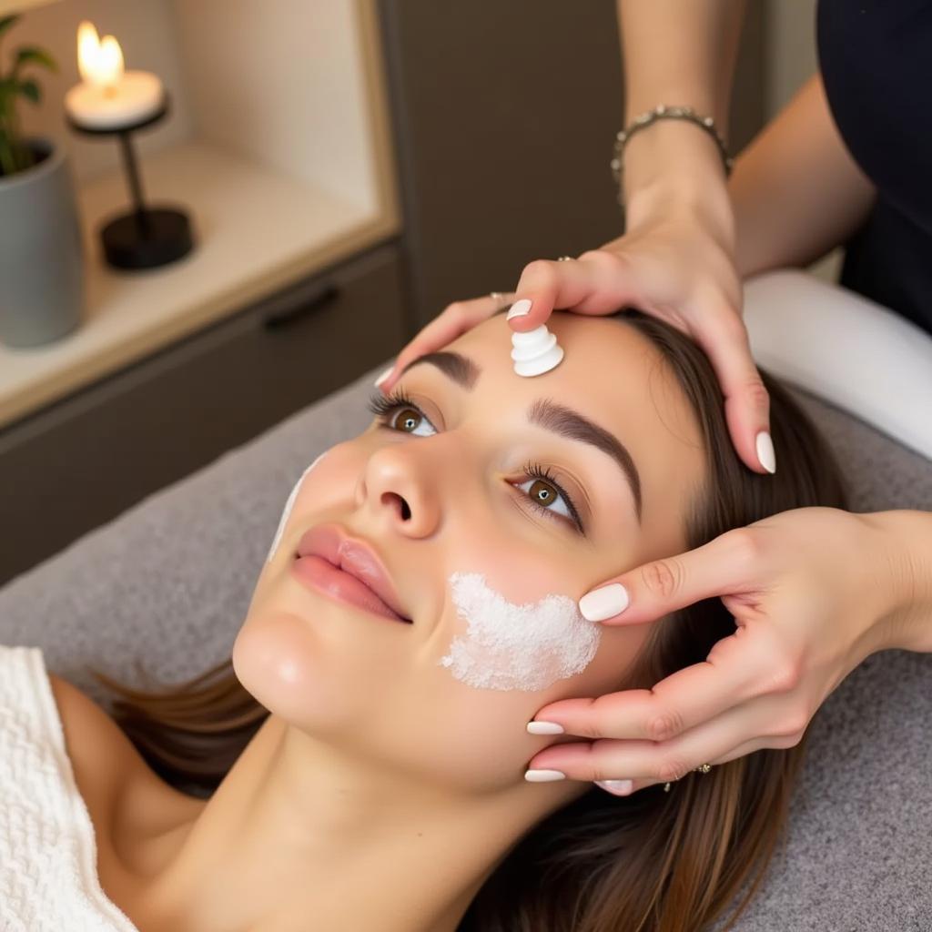 Woman receiving a facial treatment in a London spa.