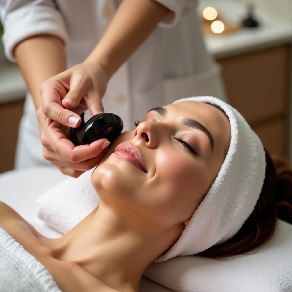 Close-up of a woman receiving a facial skin care spa treatment