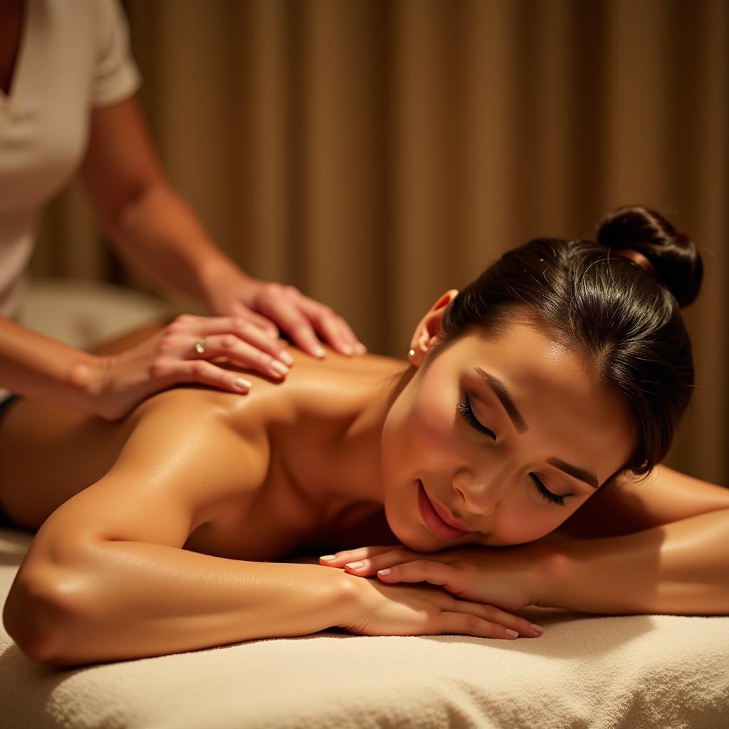 Woman receiving a spa body massage with oil