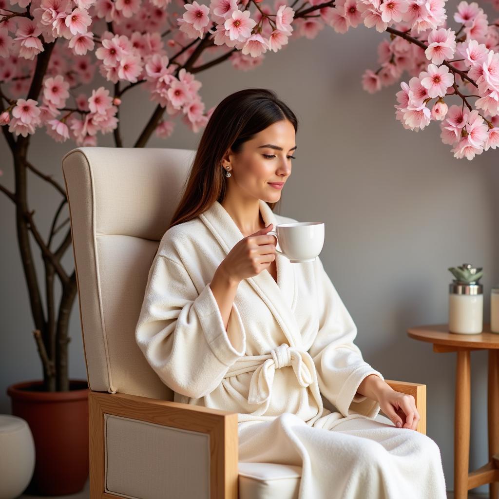 Woman enjoying a cup of tea after a spa treatment