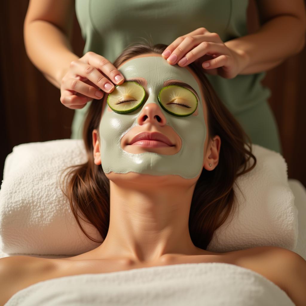 Woman relaxing at the spa getting a facial treatment.