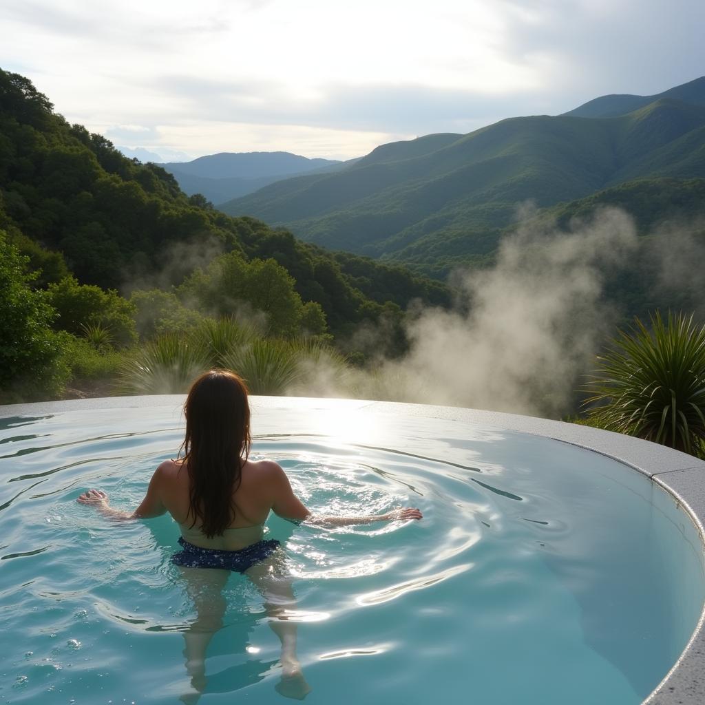 Woman relaxing in a geothermal spa pool with a scenic view in New Zealand