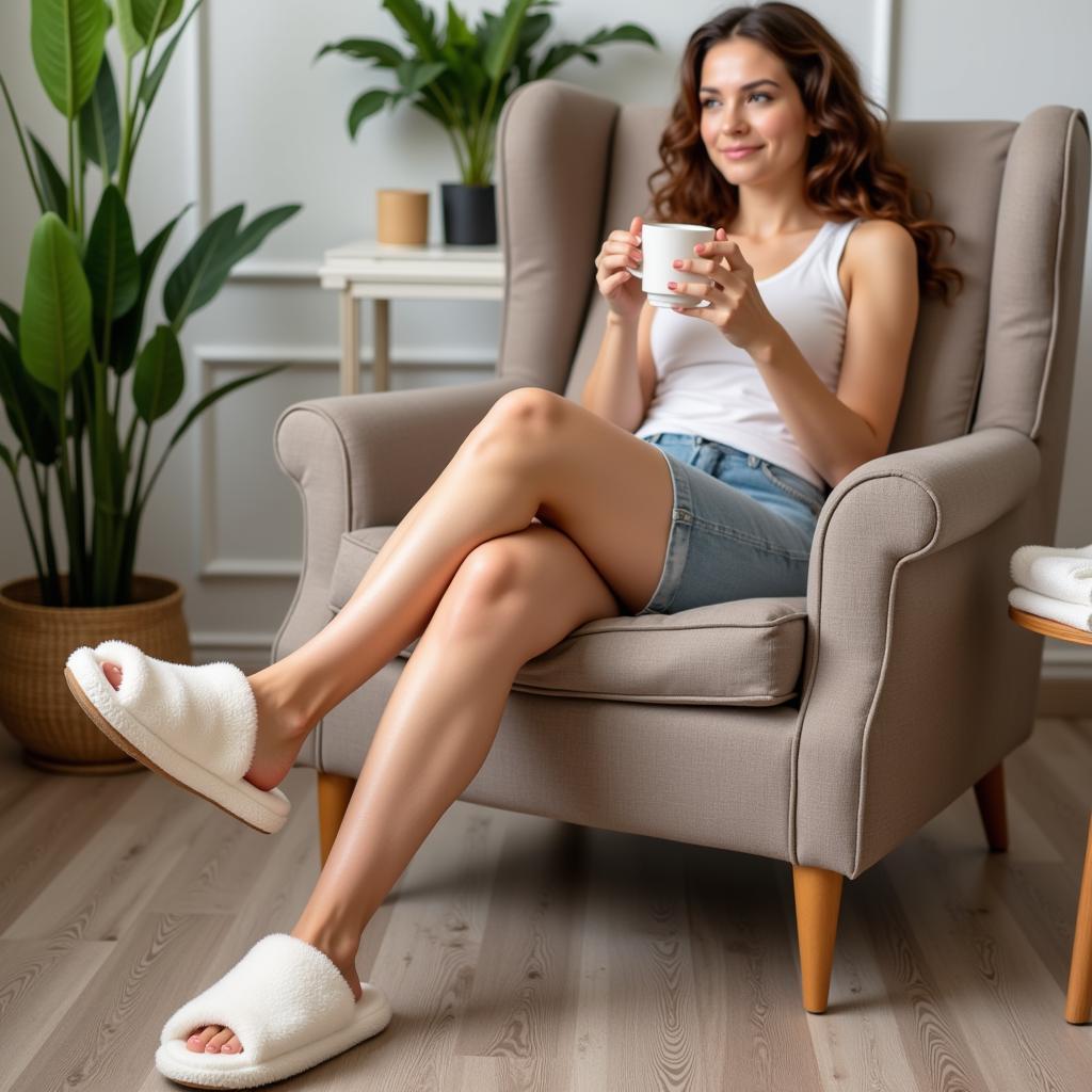 A woman relaxing in her spa slippers with a cup of tea.