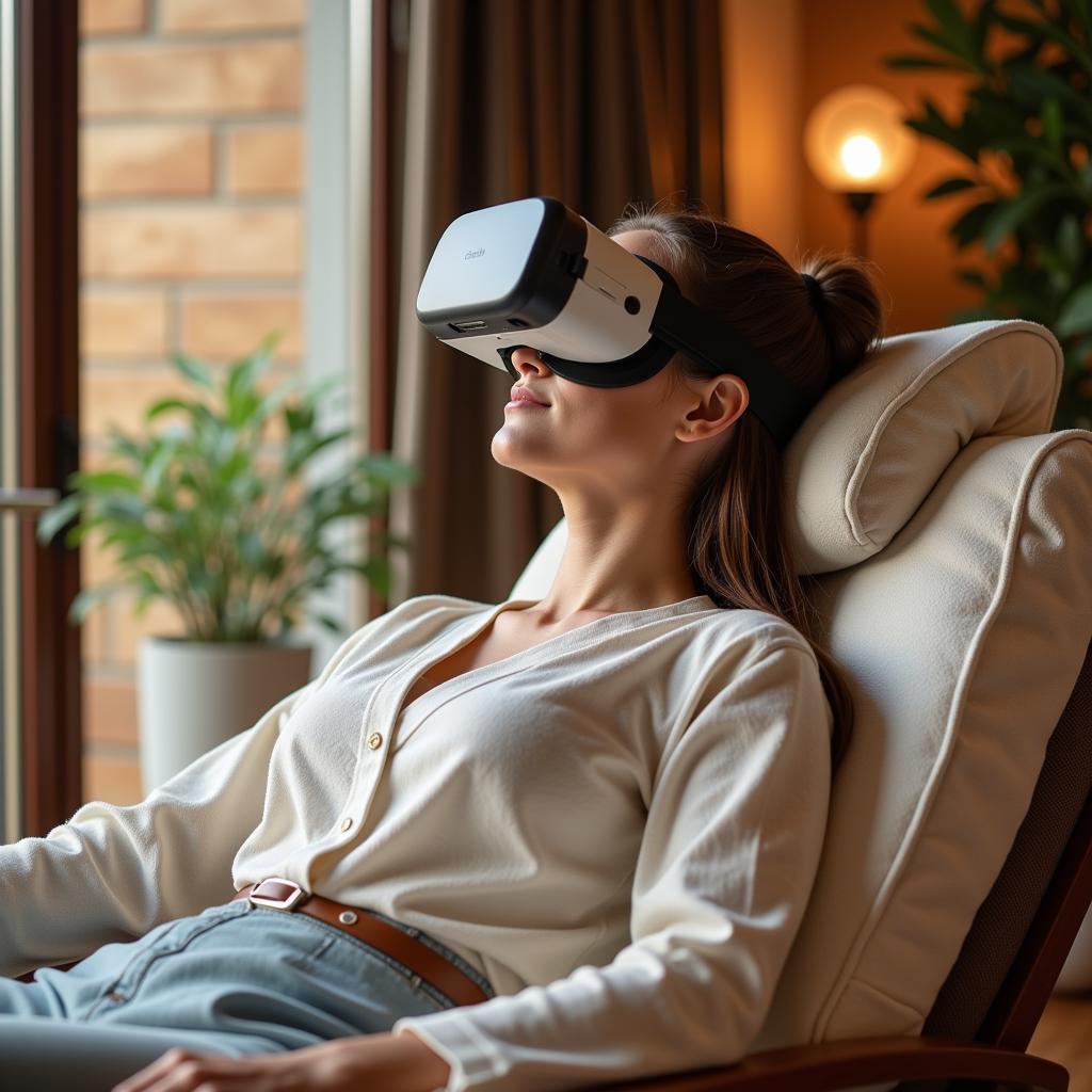 A woman relaxing in a VR headset at a mall spa