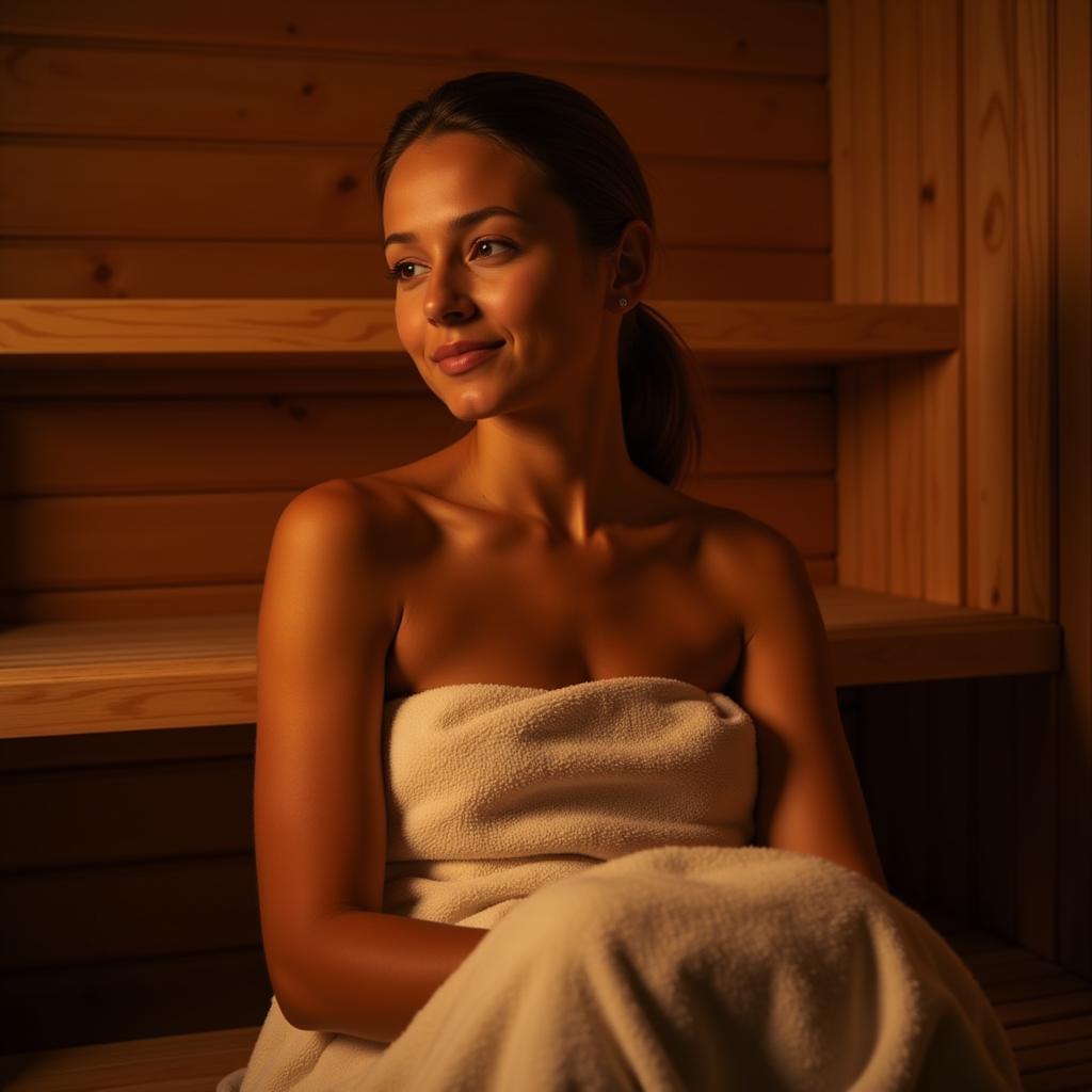 Woman relaxing in sauna at 5-star hotel spa