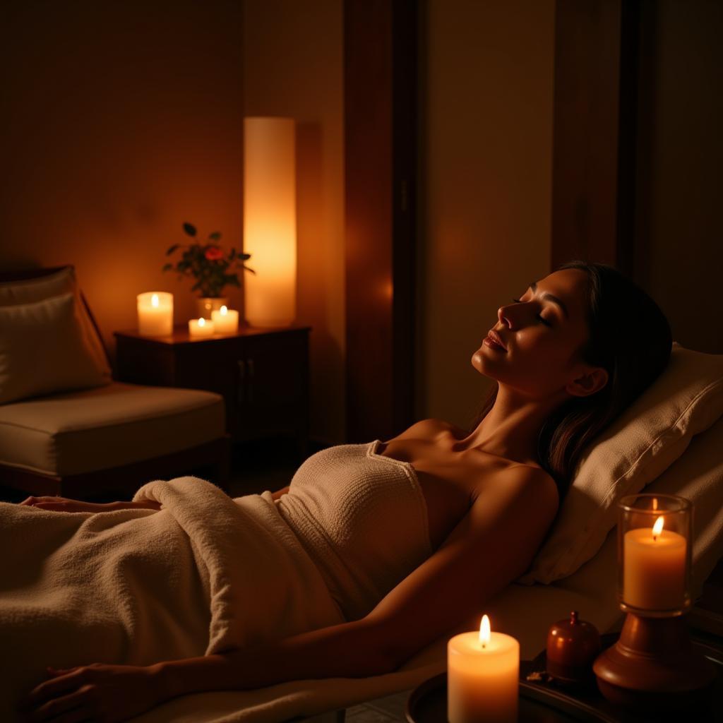 Woman relaxing in a 24-hour spa with aromatherapy candles and soft lighting