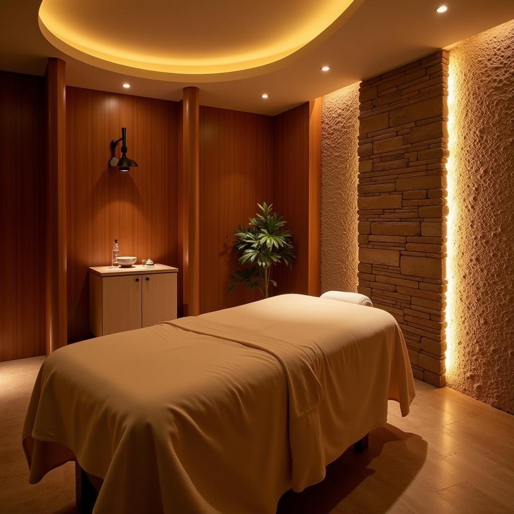 A serene massage room in a 6 sense spa at Ahmedabad, featuring soft lighting, natural elements, and a comfortable massage table.