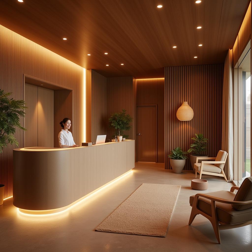 Luxurious reception area of a 6 sense spa in Ahmedabad, welcoming guests with calming ambiance and a touch of elegance.