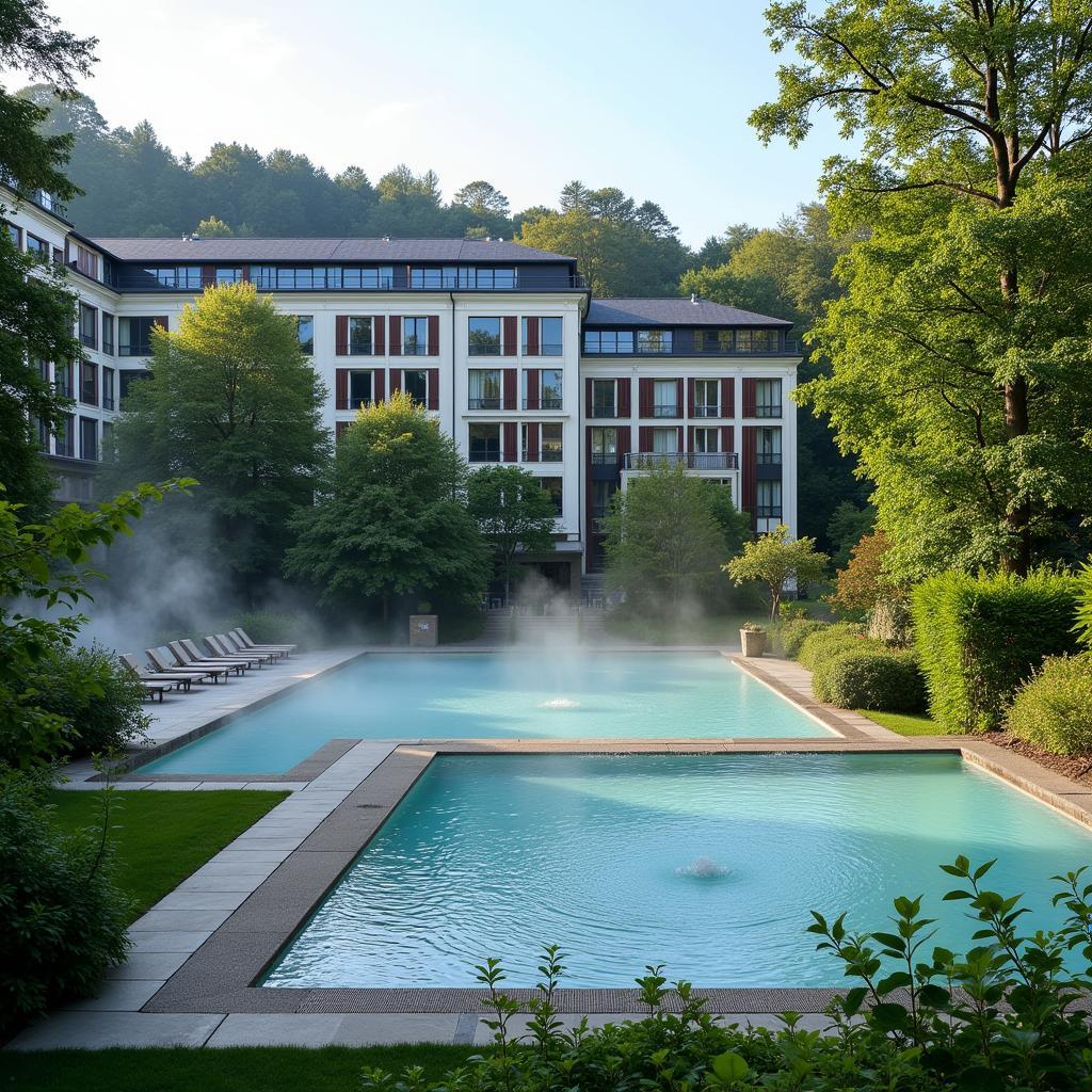 Luxurious exterior of a spa hotel in Aachen with thermal pools and gardens.