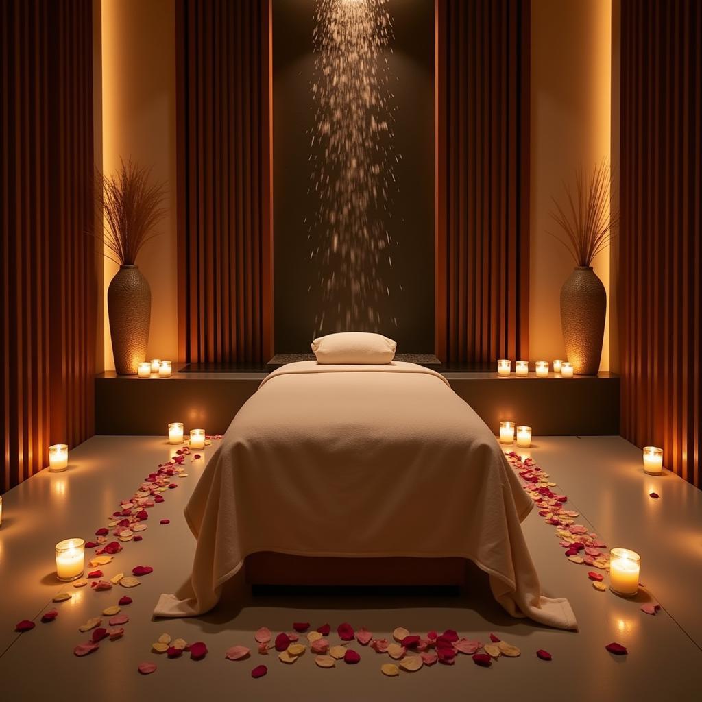 A serene spa setting with soft lighting and natural elements.