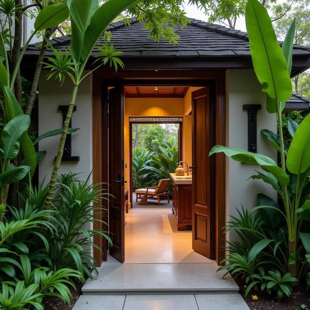 Tranquil entrance to Adi Spa Bali, featuring lush greenery and Balinese architecture