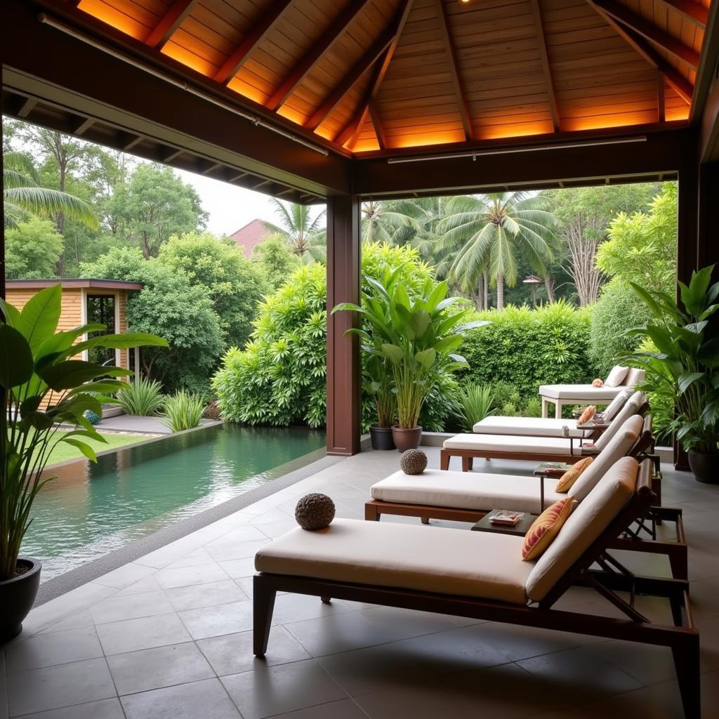 Peaceful relaxation area at Adi Spa Bali with comfortable seating and lush garden views