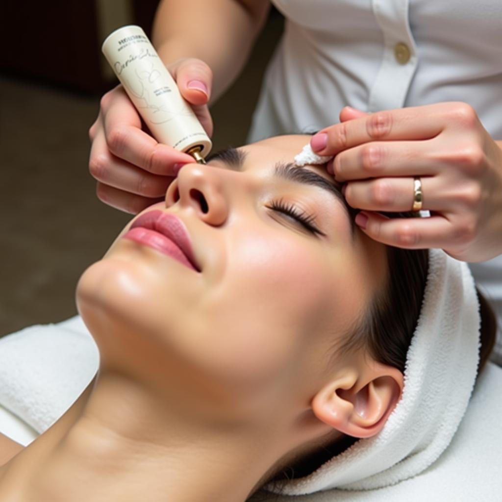 Close-up of a facial treatment being applied in an airport spa