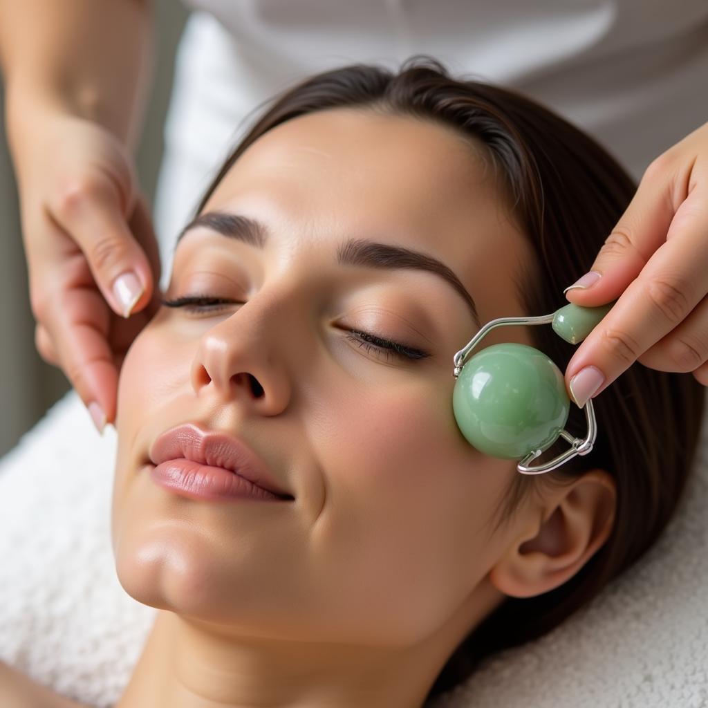 Close-up of a jade roller being used during a facial treatment at Alma Tejuva Spa.