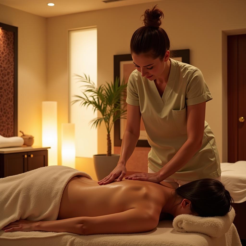 Amaraa Day Spa Amritsar Massage Therapy: A relaxing massage scene showing the ambiance of the spa room and the therapist working on a client's back.