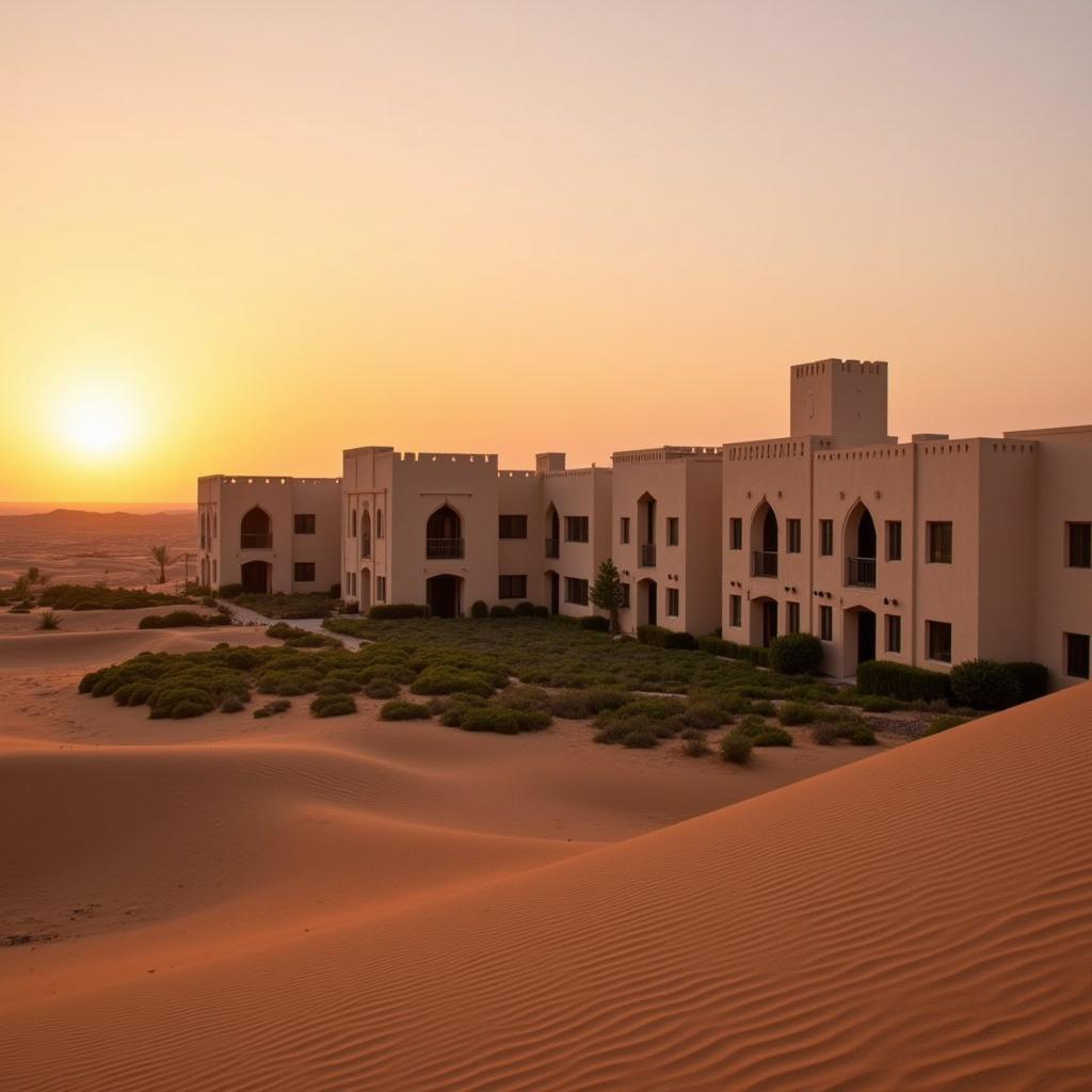 Exterior view of Anantara Qasr Al Sarab Desert Resort & Spa at sunset, showcasing its majestic architecture and stunning desert backdrop.