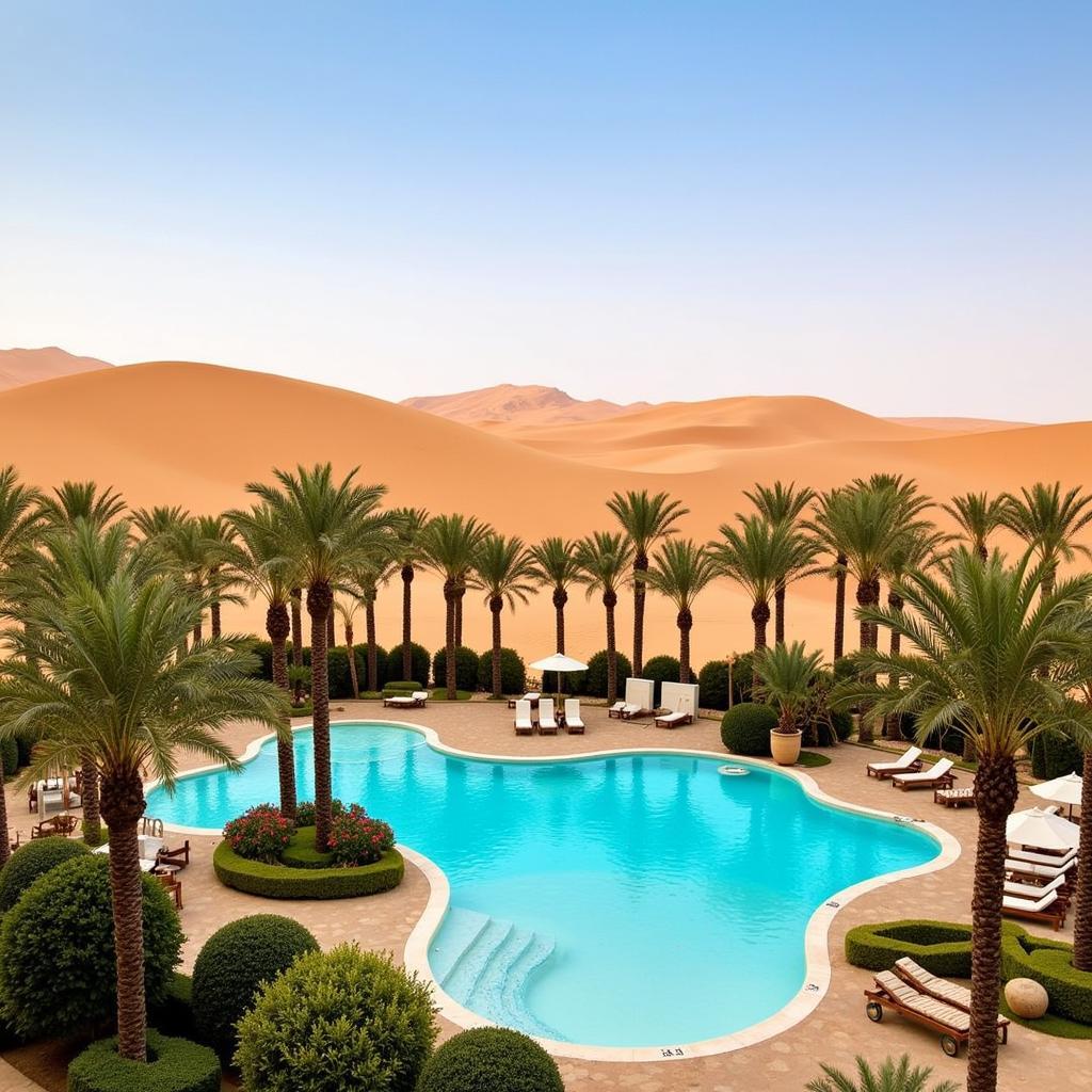 View of the pool area at Anantara Qasr Al Sarab Desert Resort & Spa, showcasing the lush landscaping and tranquil atmosphere with the desert backdrop.